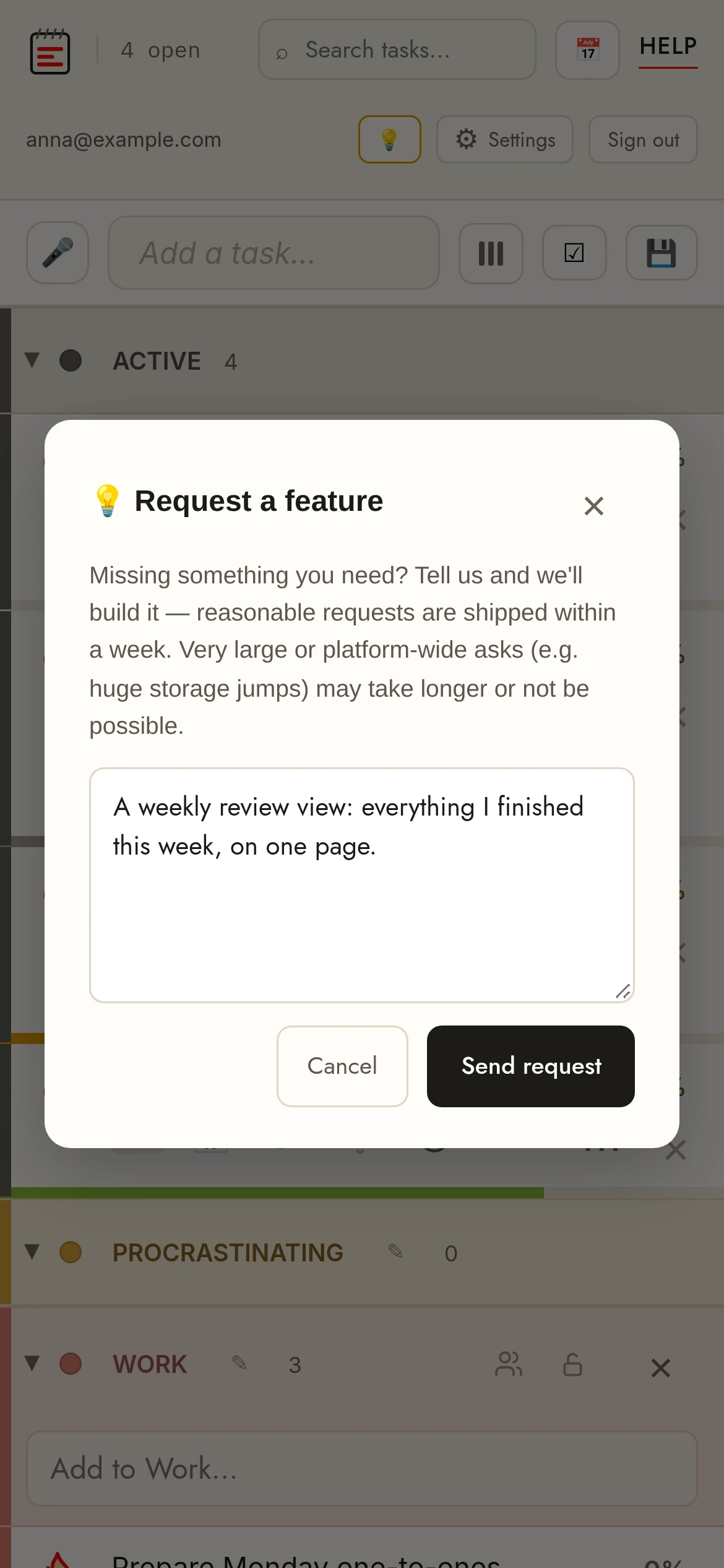 The Request-a-feature form in TasksPage: Pro users describe what they need and reasonable requests ship within a week