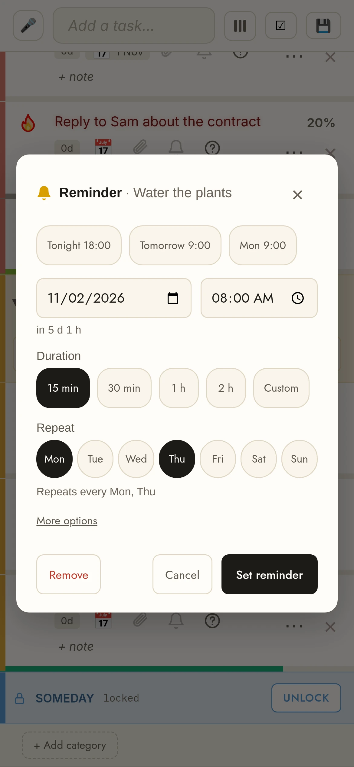 Setting a reminder on a task in TasksPage on the phone: quick options like Tomorrow 9:00, or any date and time